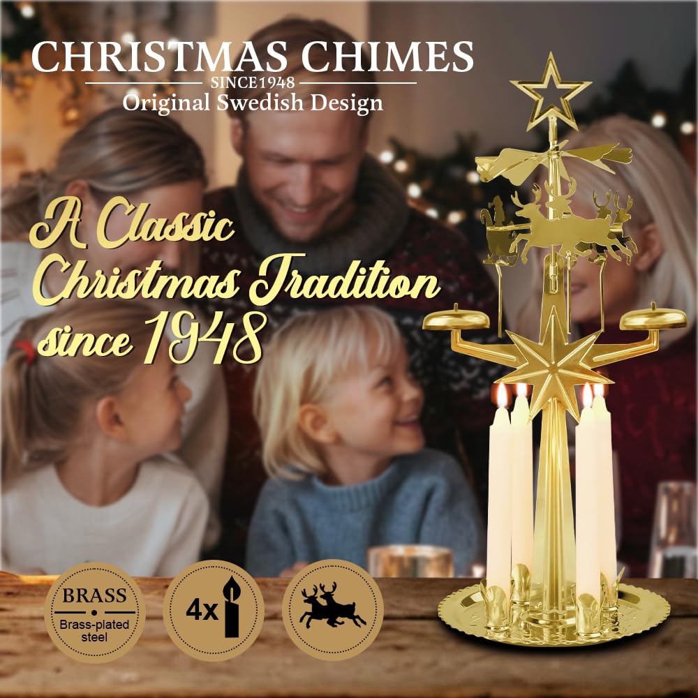 Original Swedish Christmas Chimes, Santa, Carousel and 4 Candles - Scandinavian Spinning Festive Chimes for Christmas, Best Memo